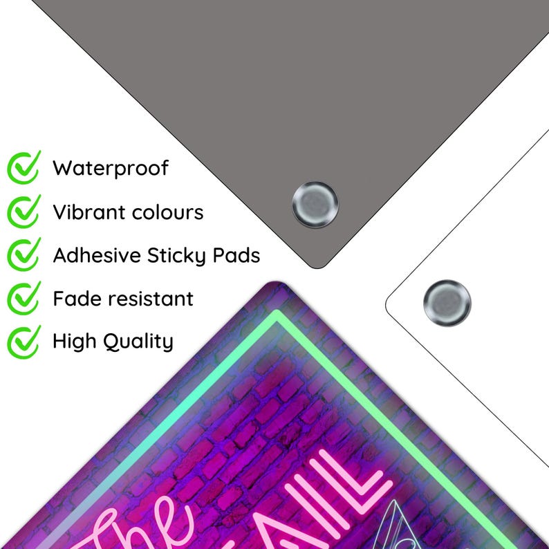 May include: A neon sign featuring the text "The Nail" in pink and green neon lights. The sign is set against a brick wall backdrop. The sign is waterproof, fade resistant, and boasts vibrant colours. It comes with adhesive sticky pads for easy mounting.