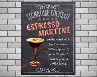 Letrero metálico personalizado con receta de Espresso Martini: decoración de pizarra para bar Tiki