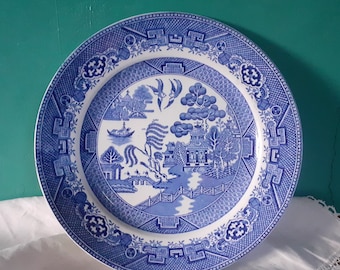 Prato vitoriano Staffordshire W Adams & Sons (25 cm), padrão Willow - Azul e Branco