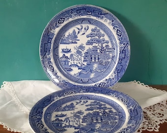 Viktorianskt Staffordshire par tallrikar (9,5 tum) Pilmönster - Blå och Vit