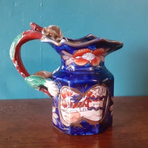Antique Rare Georgian Mason&#39;s Ironstone Jug &quot;Old Schoolhouse&quot; Pattern with Dragon Loop Handle - c 1820
