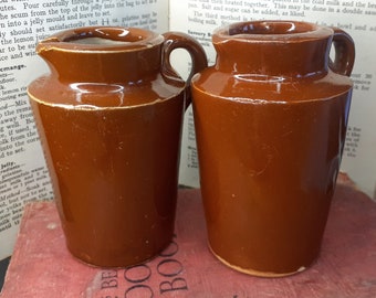 Victorian Pair Stoneware Cream Jugs - Treacle Glaze Colour