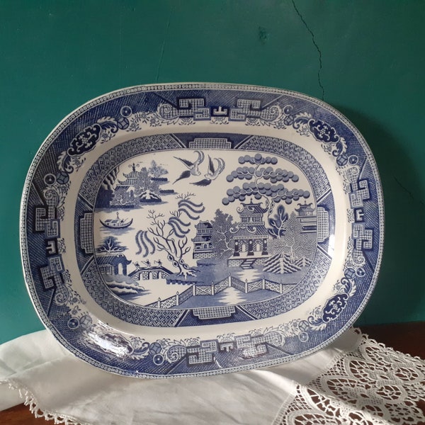 Victorian Staffordshire Large (16") Serving Platter Willow Pattern - Blue and White