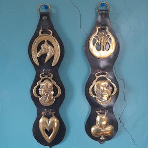 Vintage Horse Brasses on Leather Martingales - Two Trios - Charles Dickens Characters