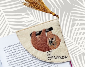 Custom corner sloth bookmark, personalised embroidered bookmark for book lovers, page corner mark with tassel, handmade sloth gift