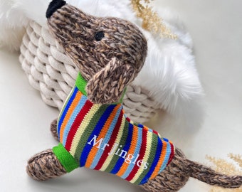 Personalised Knitted Sausage Dog Soft Toy in Jumper, Personalised Dog Toy, Sausage Dog Soft Toy, dachshund