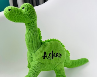 Personalized Knitted Dinosaurs, T-Rex, Diplodocus, Triceratops, Soft Toy with name, Custom Baby Gift , First Birthday, New Baby Dino Gift