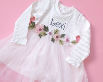Personalised Tulle Flower Girl Dress, Long Sleeve Princess Dress, Baby Girls Dress, Baby Gift, Kids Clothing, Lace ,Short Sleeve, Kids Party