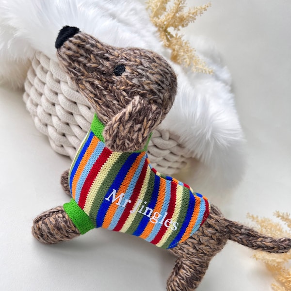 Personalised Knitted Sausage Dog Soft Toy in Jumper, Personalised Dog Toy, Sausage Dog Soft Toy, dachshund