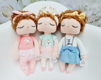Personalized Plush Doll with Curly Hair - Unique Gift for Kids, Baby Shower, Newborn, Custom Baby Name Rag Doll