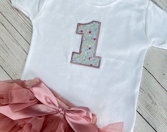 One Year Old Embroidered Birthday Outfit , Cake Smash Costume, Party Tutu With Floral Wreath, Embroidered Number Tee
