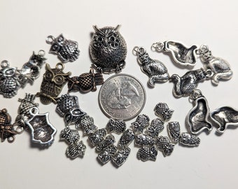 Silver Metal Charms Jewelry Components Owls and Cats