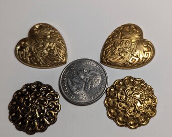 Vintage Metal Jewelry Components Gold Colored Art Deco Hearts Floral