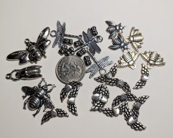 Silver Metal Charms Jewelry Components Insects Dragonflies Bees