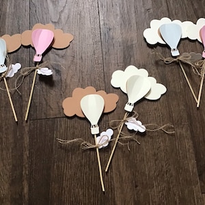 Set of 10 Paper hot air balloon placeholders + cloud tag and twine bow - Hot air balloon gift - birthday, baptism, confirmation, communion