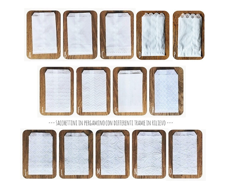 May include: A set of 15 white paper bags with different embossed patterns. The bags are arranged in three rows of five. The text "SACHETTINI IN PERGAMINO CON DIFFERENTI TRAME IN RILIEVO" is printed below the bags.