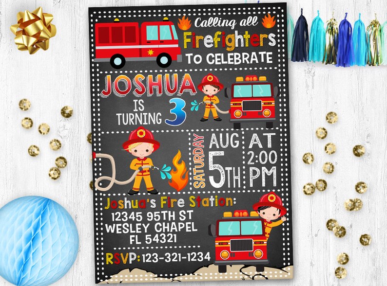 Fireman Invitation Firetruck Firefighters birthday party Fireman Fire truck invite invitation birthday card Firefighters
