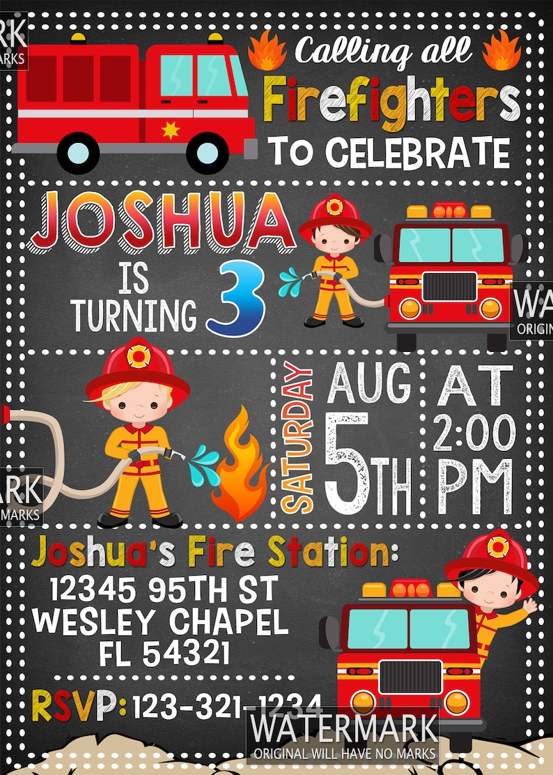Fireman Invitation Firetruck Firefighters birthday party Fireman Fire truck invite invitation birthday card Firefighters
