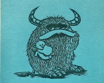 Linocut "Monster with plushie" - Multiple colours