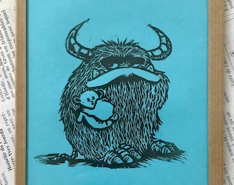 Linocut "Monster with plushie" - Framed - Multiple colours