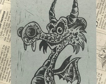 Linocut print of a funny dragon - multiple colours