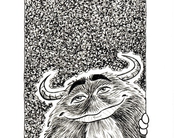 Original illustration of a fun Monster / scribbles background / unique black and white ink drawing