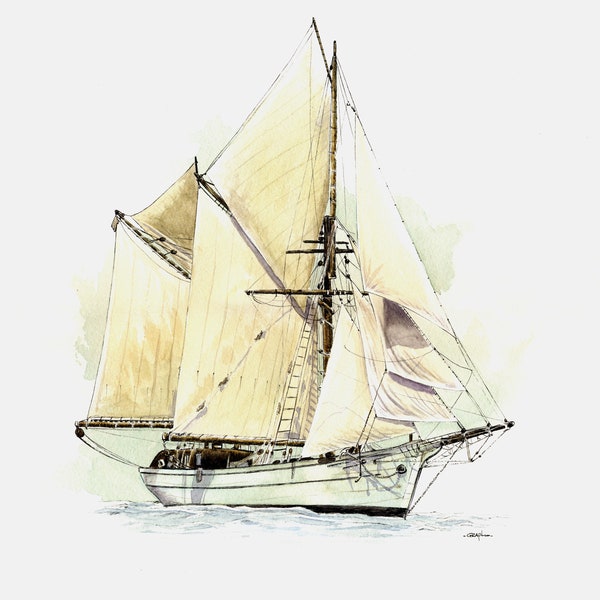 Illustration d'un voilier traditionnel / Marine / Aquarelles