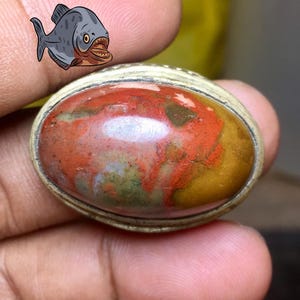 May include: An oval-shaped cabochon gemstone ring featuring a polished surface with swirling patterns of deep red, earthy brown, and muted green tones, set within a simple metallic band. A small cartoon piranha illustration is visible above.
