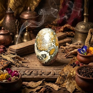 May include: A polished, oval-shaped stone with a mottled pattern of white, black, brown, and yellow colors. Wisps of white smoke rise from behind the stone, which is surrounded by small clay bowls containing dried flowers, spices, and metal bells.