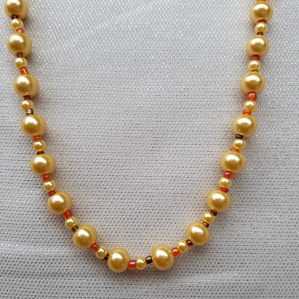 Golden Pearl Bead Necklace - Autumn Fall Accent Colors, Warm Color, Bright, Shine, Pretty, Wedding, Bridal, Special, Faux South Sea Pearls