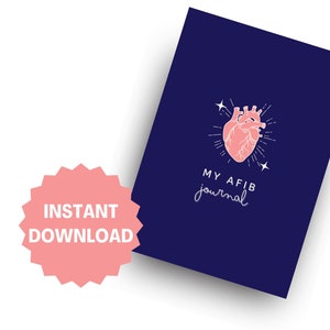 Peut inclure: Une couverture de journal bleue avec une illustration de cœur rose et le texte "My Afib Journal".