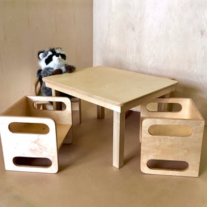 Kubusstoel 4 en tafelset voor kinderen, speenstoel en tafelset, houten Montessori kubusstoel en verstelbare tafelset voor peuters afbeelding 1