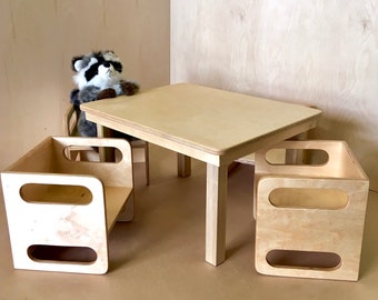 Cube Chair (4) and Table Set for Kids, Weaning Chair and Table Set, Wooden Montessori Cube Chair and Adjustable Table Set for Toddlers