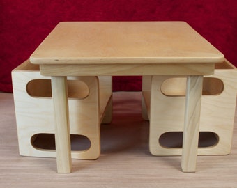 Montessori Table and Chair Set - 22" x 26" Table with 2 Cube Chairs - Toddler Cube Chair and Table Set with Customizable Legs