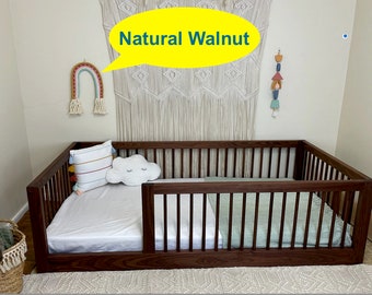 Montessori Floor Bed with Rails, Optional Gate - Highest Grade Natural Walnut Toddler Bed, Made in USA