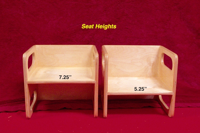 May include: Two wooden step stools with different seat heights. The taller stool has a seat height of 7.25 inches, while the shorter stool has a seat height of 5.25 inches. Both stools have a simple, rectangular design with rounded edges.