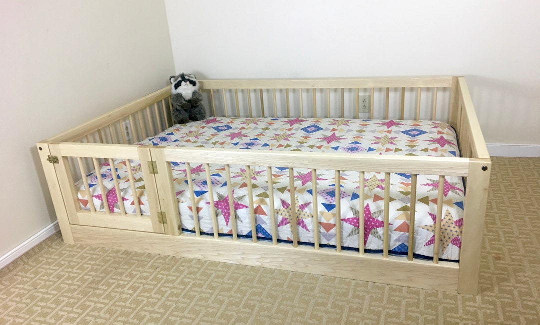 Toddler Floor Bed With Rails, Slats and Optional Gate Natural Wood