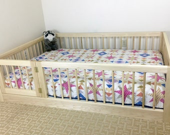 Toddler Floor Bed with Rails, Slats and Optional Gate - Natural Wood Montessori Floor Bed with Customizable Rail Height