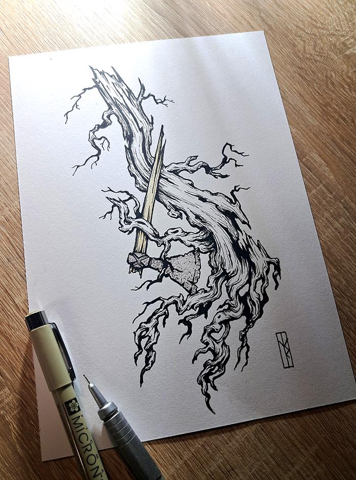 Old tree and viking's axe - original graphic drawing, tattoo ink linework sketch design