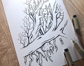 Old trees in forest - original graphic ink drawing