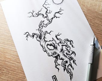 Dead old tree - original graphic ink drawing