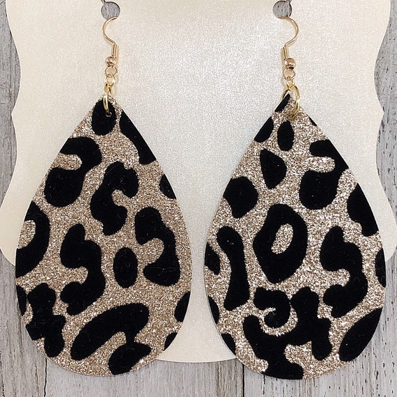 Gold Glitter Leopard Teardrop Faux Leather Earrings - Leopard Faux Leather Earrings Gold Glitter Leopard Teardrop Faux Leather Earrings - Leopard Faux Leather Earrings
