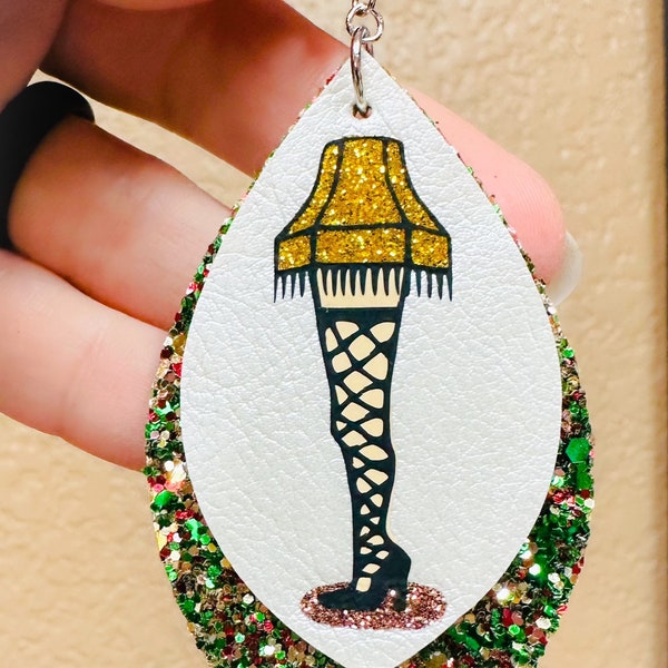 Double Layer Christmas Story Leg Lamp Glitter Faux Leather Earrings* Christmas * You’ll Shoot Your Eye Out Kid* fragile