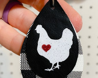 Double Layer Chicken with heart Faux Leather Earrings* Chicken * plaid * country