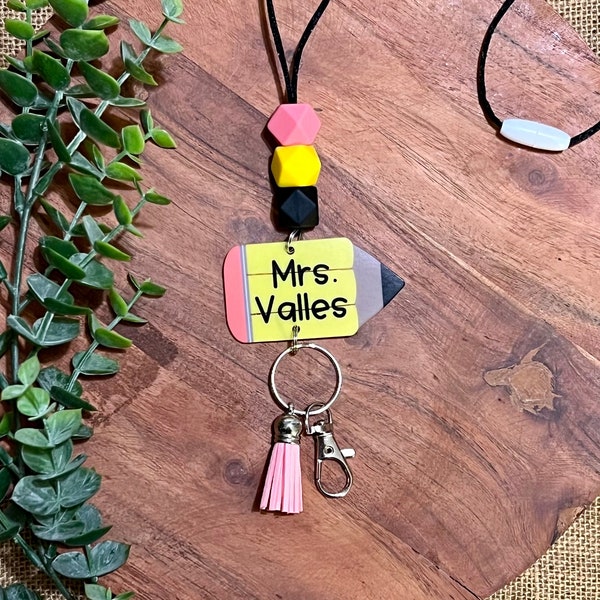 Personalized Pencil Teacher Lanyard | Acrylic Beaded Badge Holder