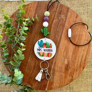 Teacher Cactus Boho Beaded Acrylic Lanyard Badge Holder | Teacher Lanyard Gift | Silicone Beaded Lanyard | Personalized | Teacher Life