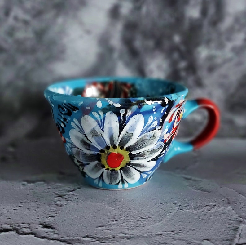 flower ceramic mug, blue ceramic mug, big cup of tea, Cup of coffee, ceramic coffee mug, handmade ceramics, heart mug, large coffee mug image 1