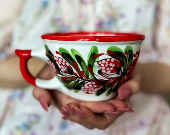red ceramic mug, flower ceramic mug, white ceramic mug, Large Ceramic Mug, Handmade ceramic mug, Ceramic drinking mug, big cup of tea