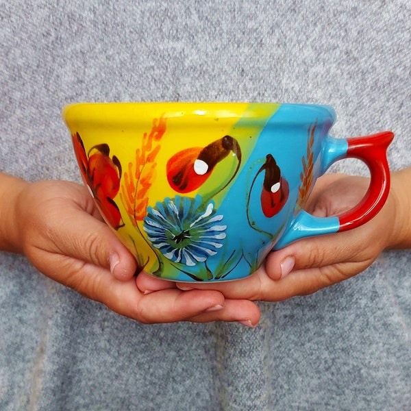 flower ceramic mug, Yellow ceramic mug, blue ceramic mug,  big cup of tea, Large Ceramic Mug, Handmade ceramic mug, Ceramic drinking mug