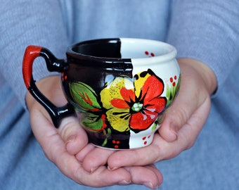 Ceramic mug Flowers cup Coffee Pottery mug Colorful mug Ceramic cup Tea cup black and white  mug Coffee Mug Soup mug gift mugs pottery